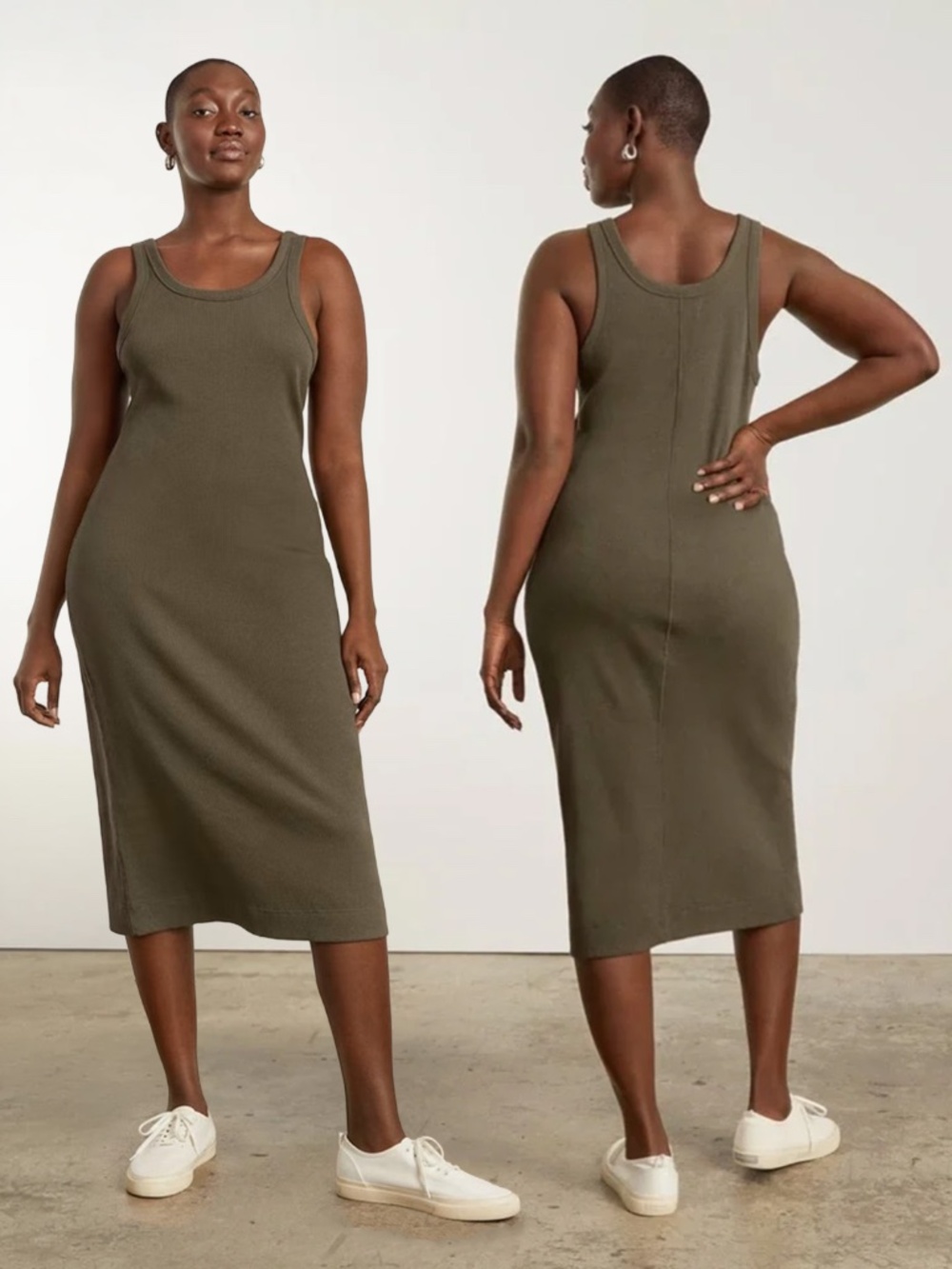 Everlane 90s Rib Dress Midi Fitted Tank Organic Cotton Olive Size Medium Bodycon